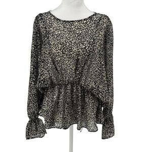 Gorgeous Black and White Boho Peplum Floral Top Sz M Grade & Gather Semi-Sheer